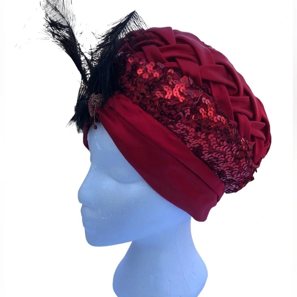 Vintage 1950s Sola Rei’s Burgundy Sequin Feather Turban Hat